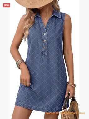 Sleeveless V Neck Button Mini Jean Dress with Pockets